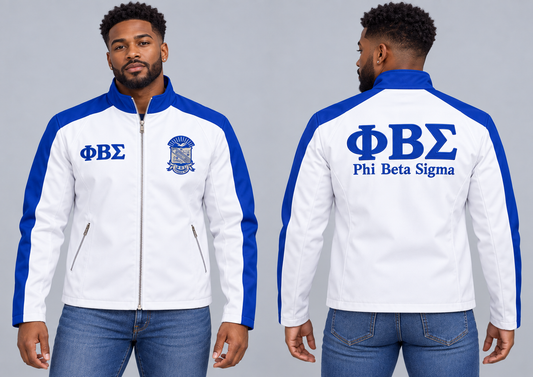 Black man modeling Phi Beta Sigma white and royal blue custom embroidered contrast racing jacket, front and back views.