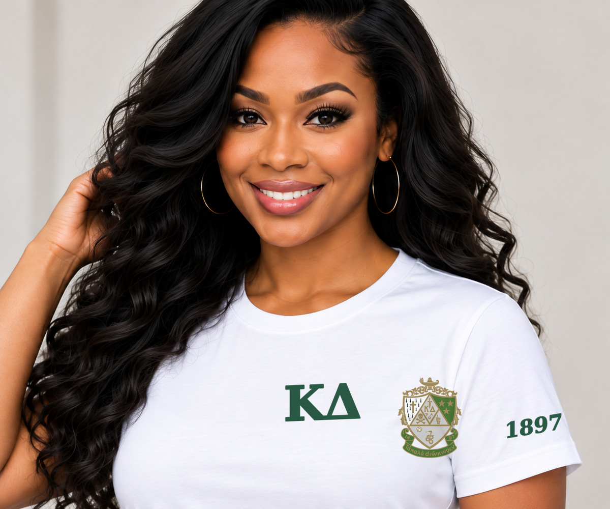 Kappa Delta White classic printed T-shirt — model close-up