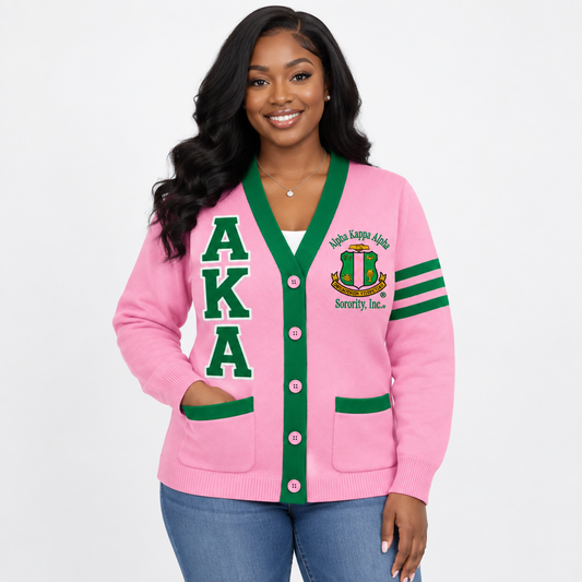Alpha Kappa Alpha pink and green custom embroidered cardigan on model