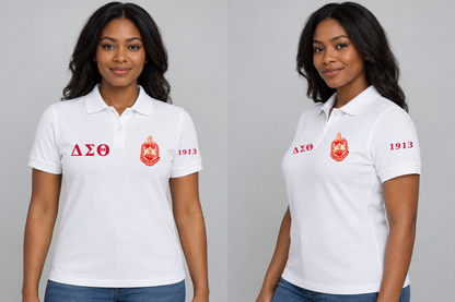 Delta Sigma Theta premium embroidered white solid polo on model - front and side