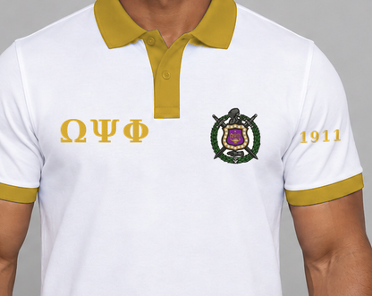 Omega Psi Phi premium embroidered white solid contrast trim polo on model - chest embroidery close-up