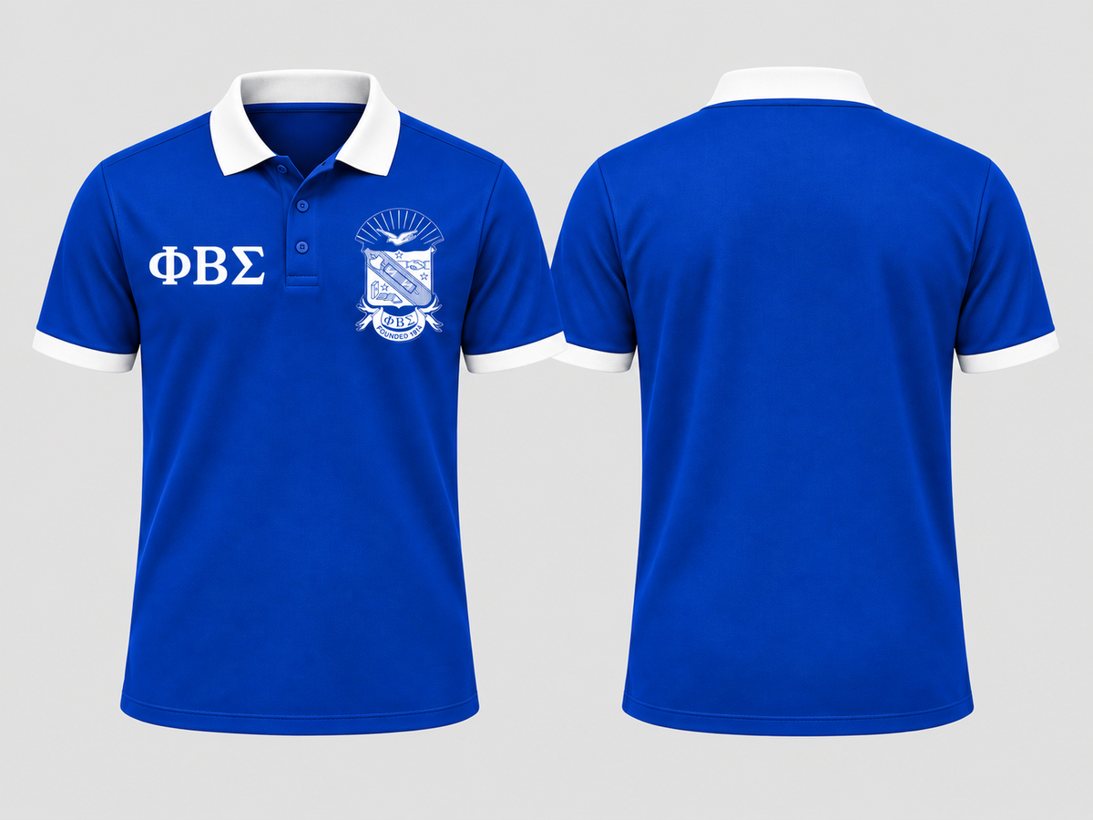 Officially licensed Phi Beta Sigma royal blue and white polo shirt with official shield