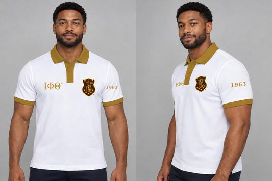 Iota Phi Theta premium embroidered white solid contrast trim polo on model - front and side