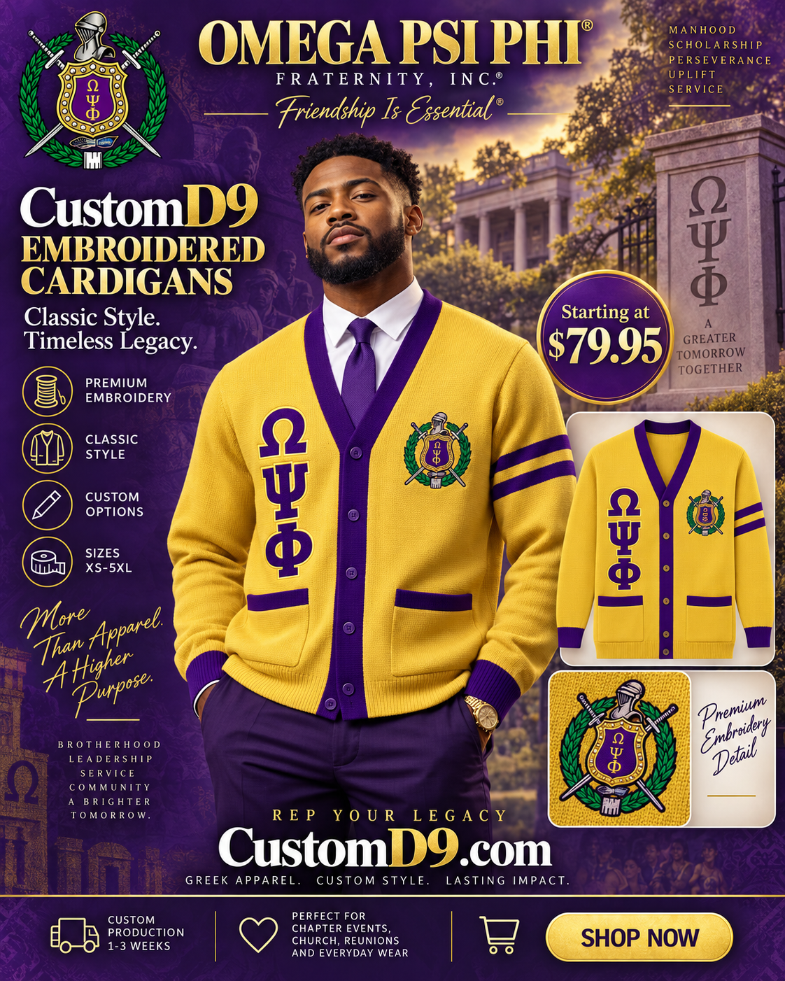 Omega Psi Phi gold and purple embroidered cardigan poster Pirani9