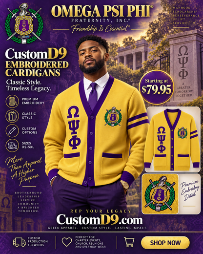 Omega Psi Phi gold and purple embroidered cardigan poster Pirani9