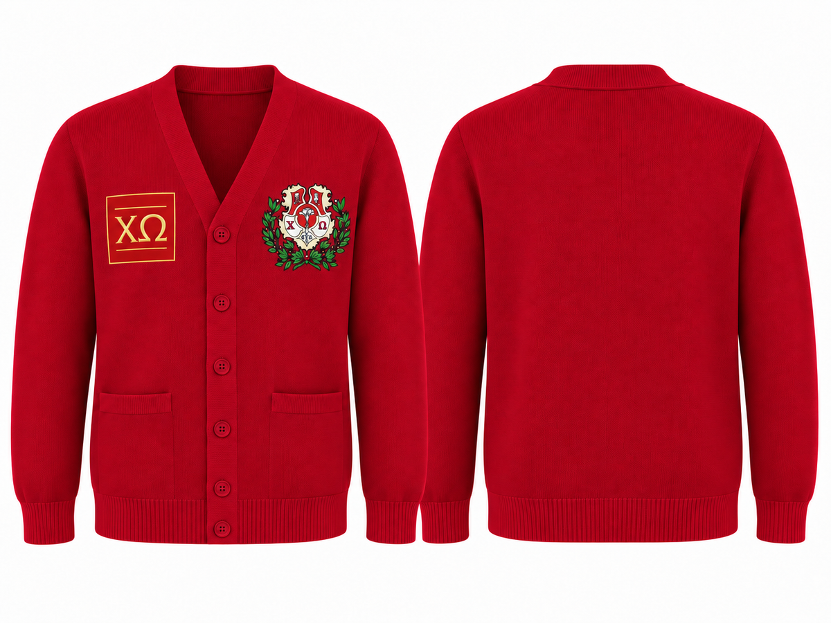 Chi Omega Custom Embroidered V-Neck Cardigan, Solid Cardinal