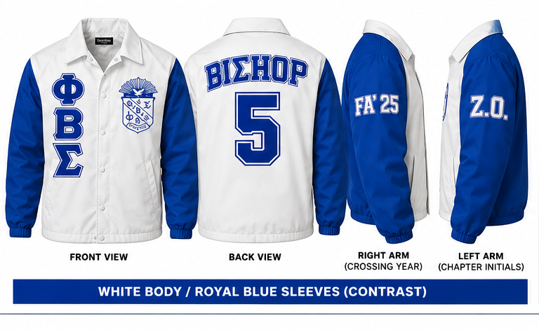 Phi Beta Sigma contrast line jacket with white body, royal blue sleeves, BIΣHOP, number 5, FA 25 and Z.O.
