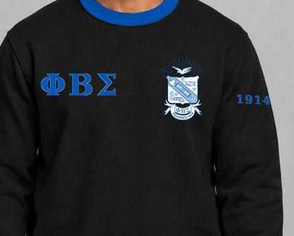 Phi Beta Sigma premium embroidered black solid contrast trim crewneck sweatshirt on model - chest embroidery close-up