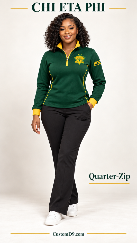 Chi Eta Phi Quarter-Zip dark green gold shield crest version on model