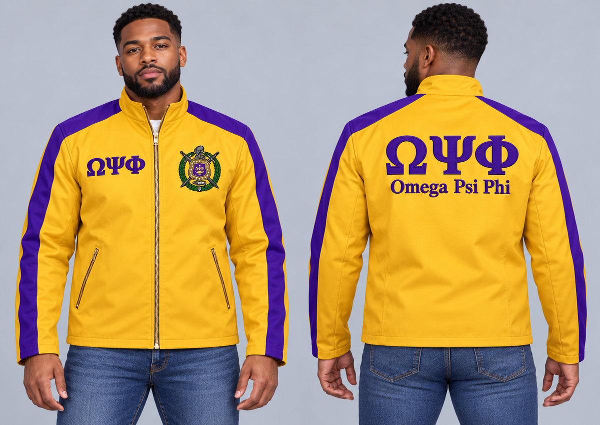 Black man modeling Omega Psi Phi old gold and royal purple custom embroidered contrast racing jacket, front and back views.