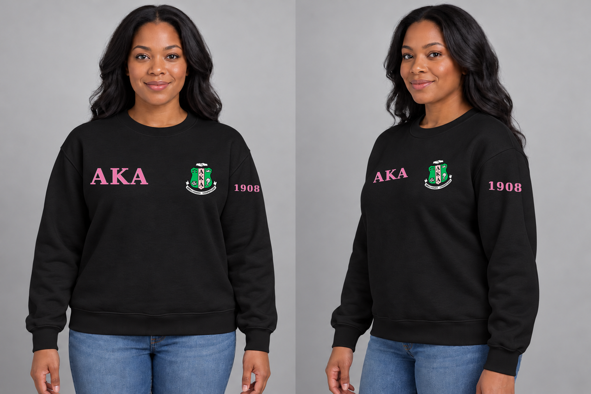Alpha Kappa Alpha premium embroidered black solid crewneck sweatshirt on model - front and side