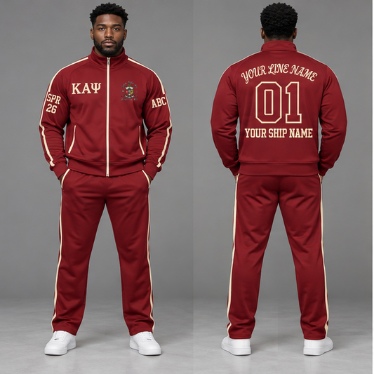 Kappa Alpha Psi Crimson and Cream personalized track suit on an adult model, original supplied crest and ΚΑΨ letters, sample line name, line number 01, ship name, crossing year and chapter initials.
