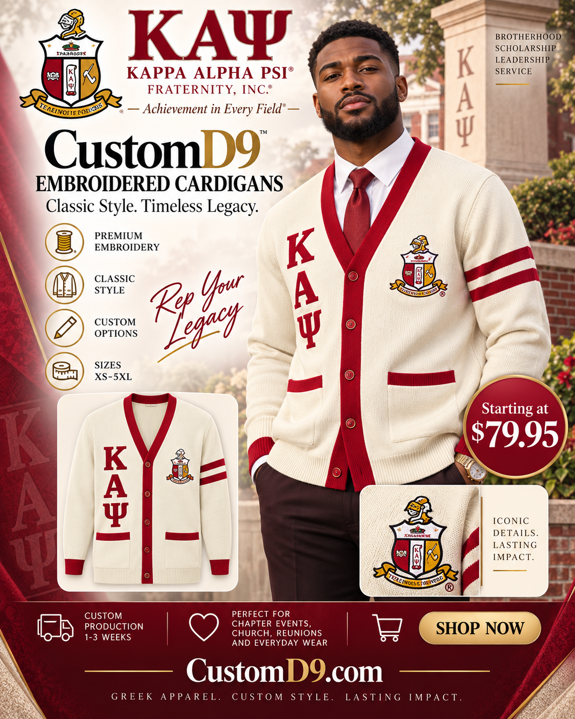 Kappa Alpha Psi cream and crimson embroidered cardigan poster Pirani9