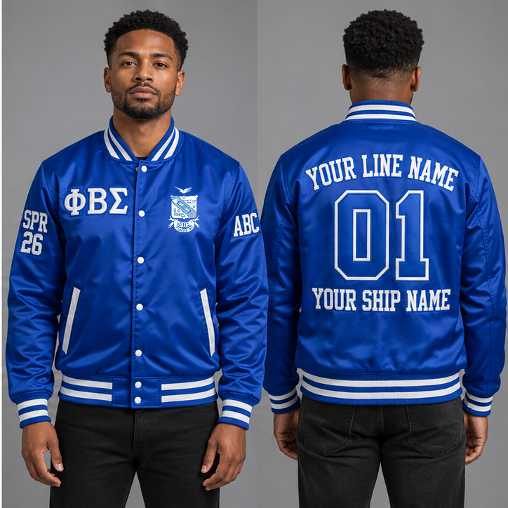 Phi Beta Sigma Royal Blue and White personalized satin line jacket on an adult model, original supplied crest and ΦΒΣ letters, sample line name, line number 01, ship name, crossing year and chapter initials.
