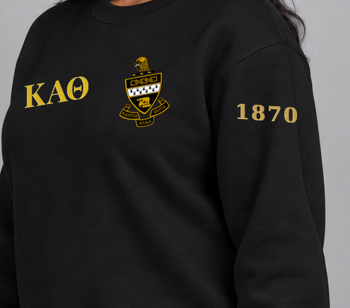 Kappa Alpha Theta premium embroidered black solid crewneck sweatshirt on model - founding year sleeve detail