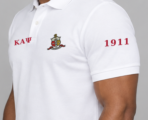 Kappa Alpha Psi premium embroidered white solid polo on model - founding year sleeve detail