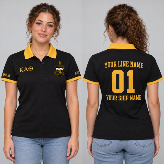 Kappa Alpha Theta Black and Gold personalized chapter polo on an adult model, supplied original crest and ΚΑΘ letters, sample line name, 01, ship name and sleeve text.