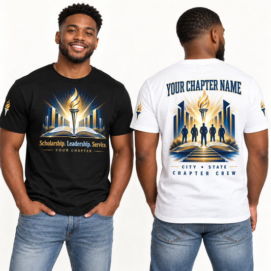 Custom Fraternity Scholarship. Leadership. Service. chapter group shirt on models