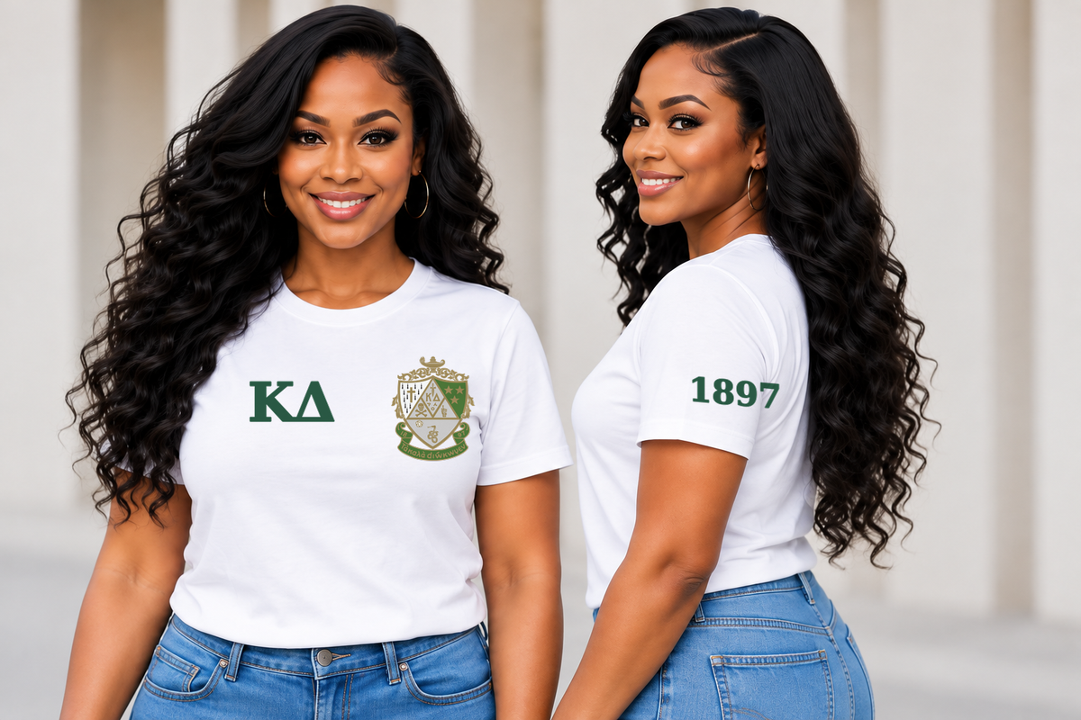 Kappa Delta White classic printed T-shirt — model front and side