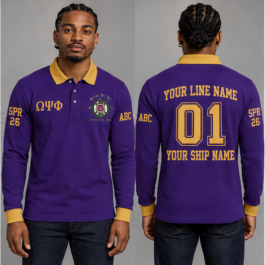 Omega Psi Phi long sleeve polo in Royal Purple and Old Gold on an adult model, original supplied crest and ΩΨΦ letters, sample line name, number 01, ship name, crossing year and chapter initials.