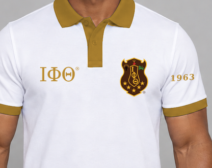 Iota Phi Theta premium embroidered white solid contrast trim polo on model - chest embroidery close-up