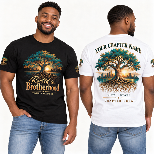 Custom Fraternity Rooted in Brotherhood chapter group shirt on models