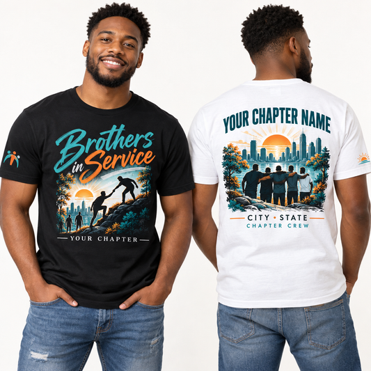 Custom Fraternity Brothers in Service chapter group shirt on models