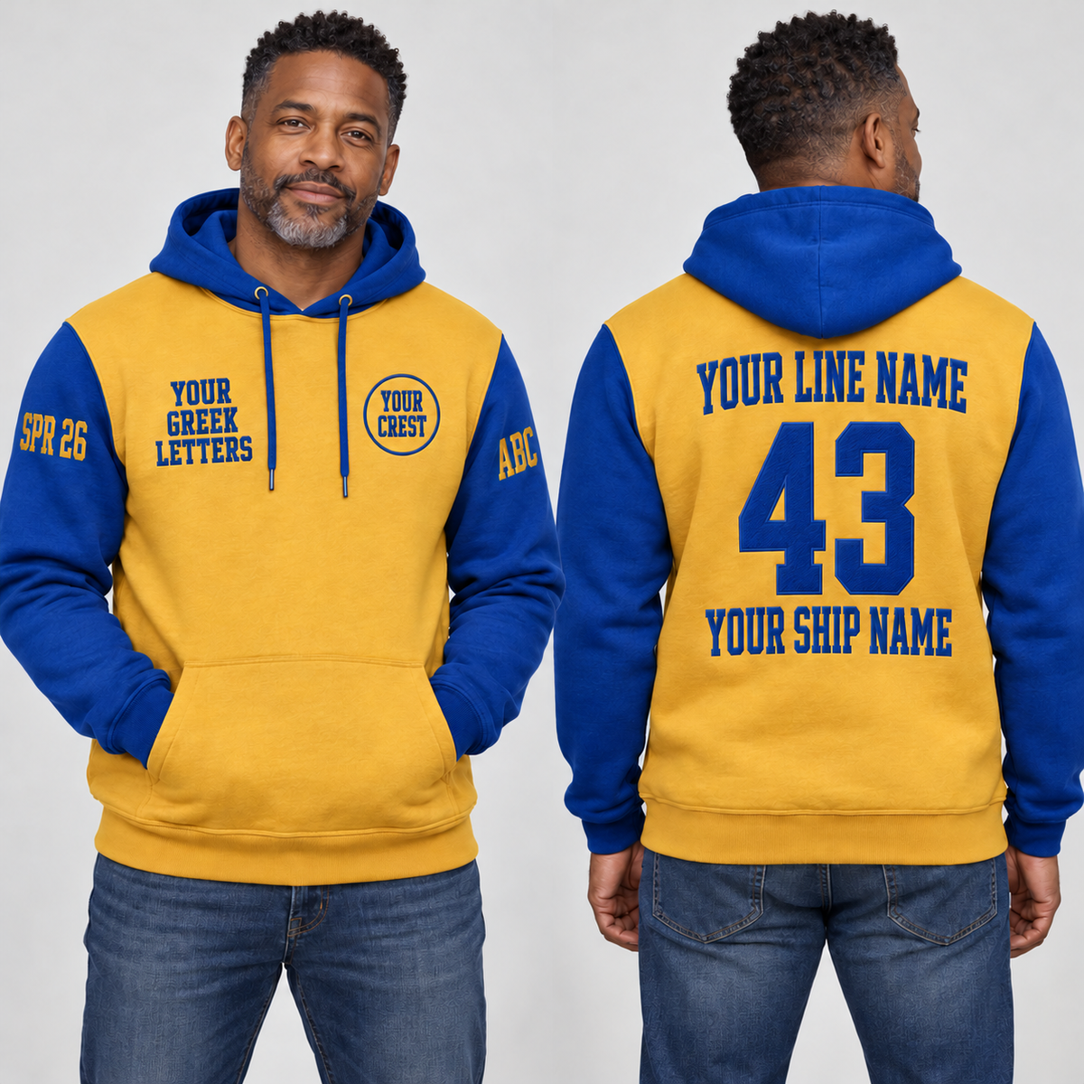 Pullover Hoodie Gold Royal Blue embroidered line name number ship name front back and sleeves on model