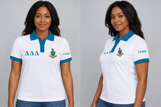 Delta Delta Delta premium embroidered white solid contrast trim polo on model - front and side