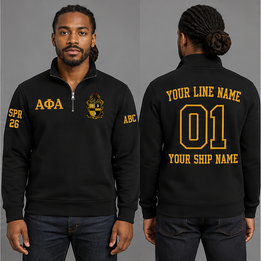 Alpha Phi Alpha Black and Old Gold personalized quarter-zip sweatshirt on an adult model, original supplied crest and ΑΦΑ letters, sample line name, line number01, ship name, crossing year and chapter initials.