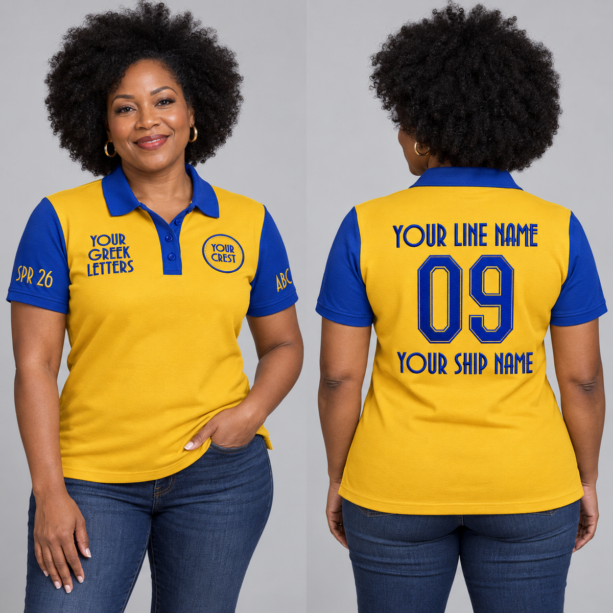 Gold Royal Blue embroidered chapter polo with crest letters line name number ship name crossing year and chapter initials