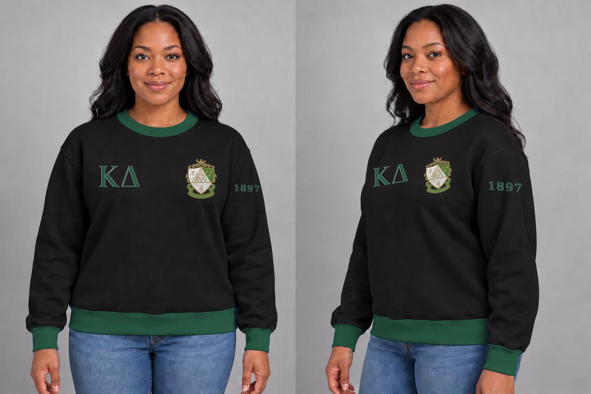Kappa Delta premium embroidered black solid contrast trim crewneck sweatshirt on model - front and side