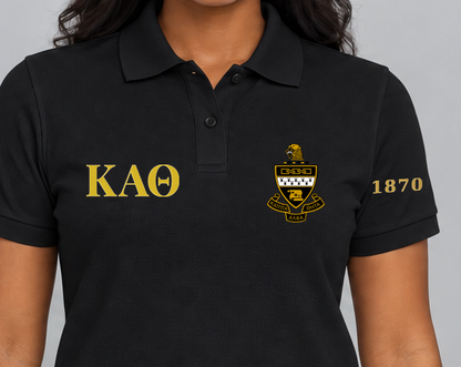 Kappa Alpha Theta premium embroidered black solid polo on model - chest embroidery close-up