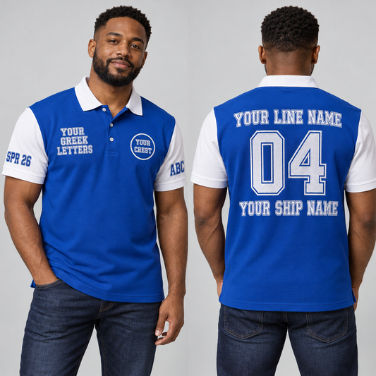 Royal Blue White embroidered chapter polo with crest letters line name number ship name crossing year and chapter initials