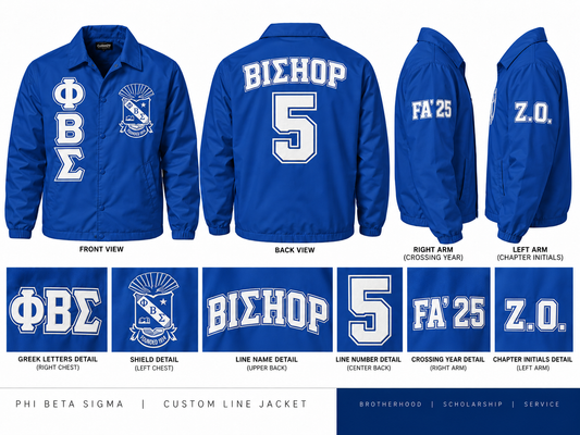 Royal blue Phi Beta Sigma custom line jacket with shield, BIΣHOP line name, number 5, FA 25 and Z.O.