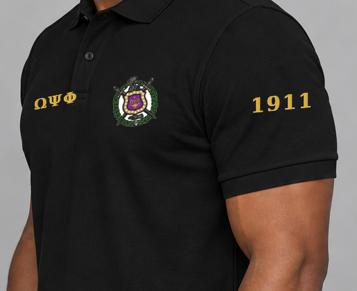 Omega Psi Phi premium embroidered black solid polo on model - founding year sleeve detail