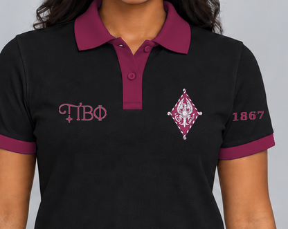 Pi Beta Phi premium embroidered black solid contrast trim polo on model - chest embroidery close-up
