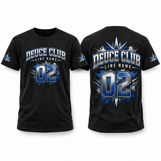 Custom Fraternity Line full-color printed black T-shirt front back and sleeve sample