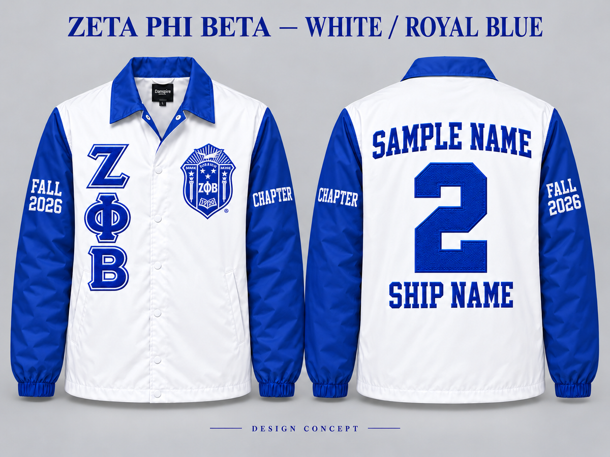 Zeta Phi Beta White body with Royal Blue collar and sleeves contrast line jacket, front and back sample embroidery