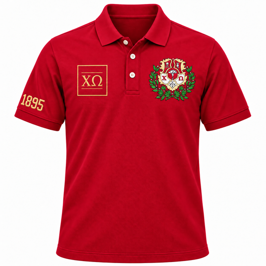 Chi Omega Crest, Greek Letters & 1895 Embroidered Polo Shirt, Solid Cardinal