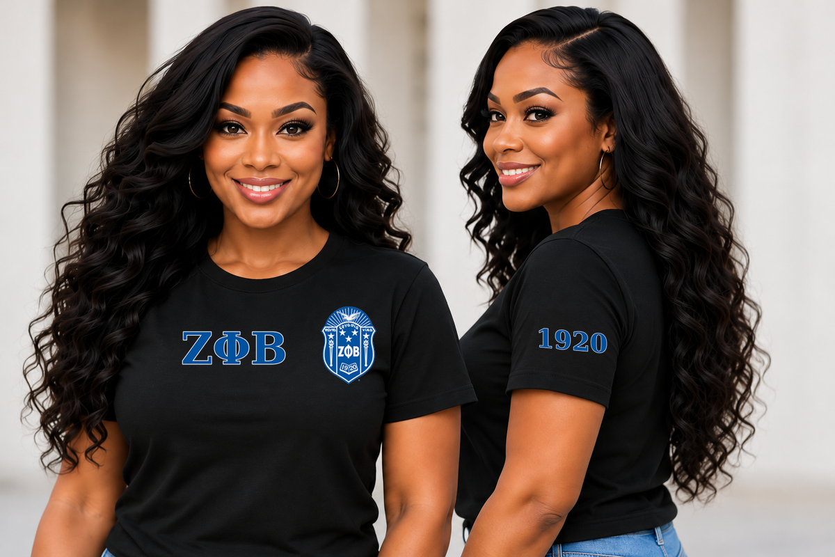 Zeta Phi Beta Black classic printed T-shirt — model front and side