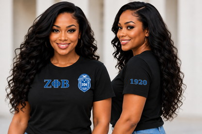 Zeta Phi Beta Black classic printed T-shirt — model front and side