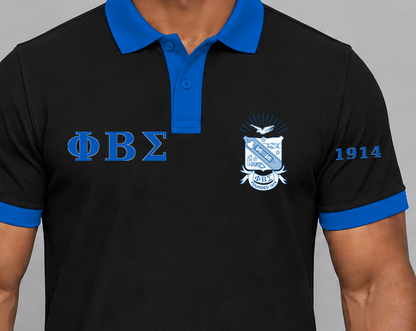 Phi Beta Sigma premium embroidered black solid contrast trim polo on model - chest embroidery close-up