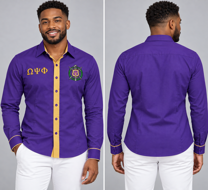 Omega Psi Phi purple and old gold fitted embroidered Oxford shirt product, front and back on male model