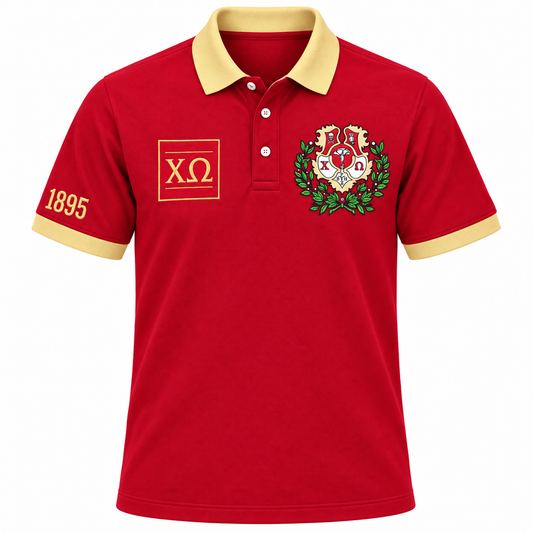 Chi Omega Crest, Greek Letters & 1895 Embroidered Polo Shirt, Cardinal & Straw Contrast