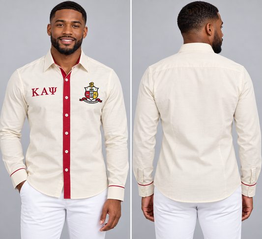 Kappa Alpha Psi cream and crimson fitted embroidered Oxford shirt product, front and back on male model