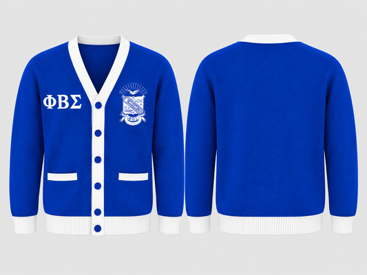 Officially licensed Phi Beta Sigma royal blue and white cardigan with official shield