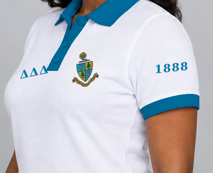 Delta Delta Delta premium embroidered white solid contrast trim polo on model - founding year sleeve detail