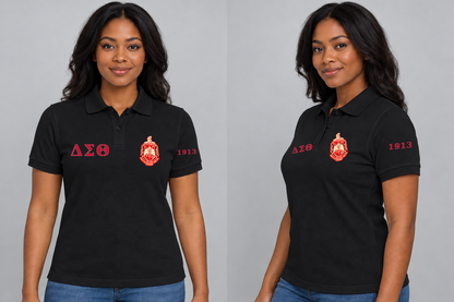 Delta Sigma Theta premium embroidered black solid polo on model - front and side