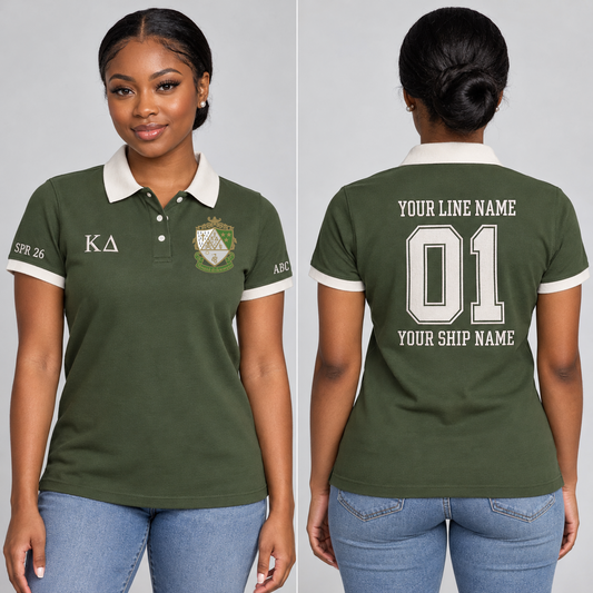 Kappa Delta Olive Green and Pearl White personalized chapter polo on an adult model, supplied original crest and ΚΔ letters, sample line name, 01, ship name and sleeve text.